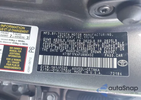 2015 Toyota Camry Le from USA, damaged, VIN 4T1BF1FK4FU896452